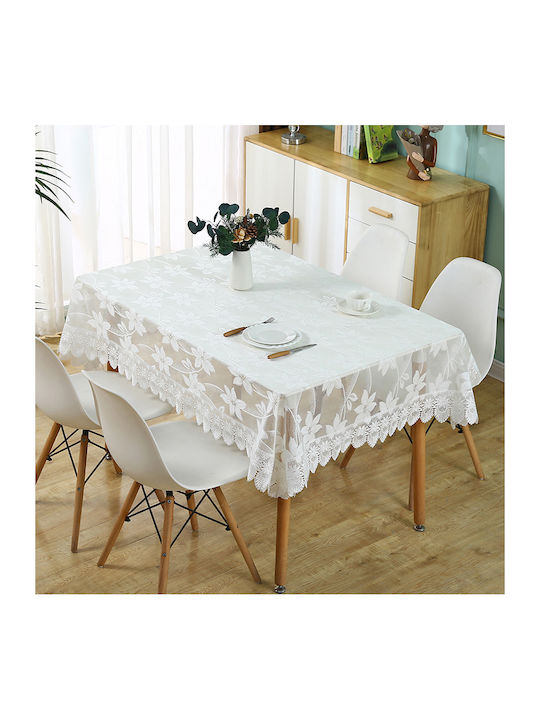 Față de masă dreptunghiulară din dantelă solidă brodată de lux pentru 4-6 persoane 130 x 180 cm albă