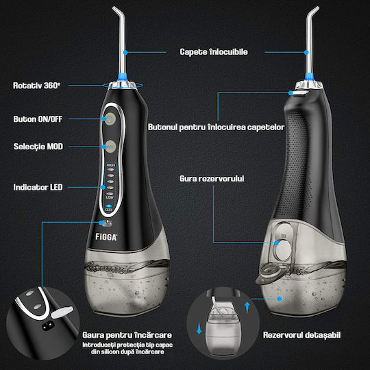 Figga Oral-f101 Irigator Profesional Portabil pentru Curățarea Dentară cu 8 Capete, Baterie 2500 mAh, 5 Viteze, Rezervor de 300 ml, Rezistent la Apă IPX7, Protecție la Supraîncălzire, Geantă de Depozitare, Negru