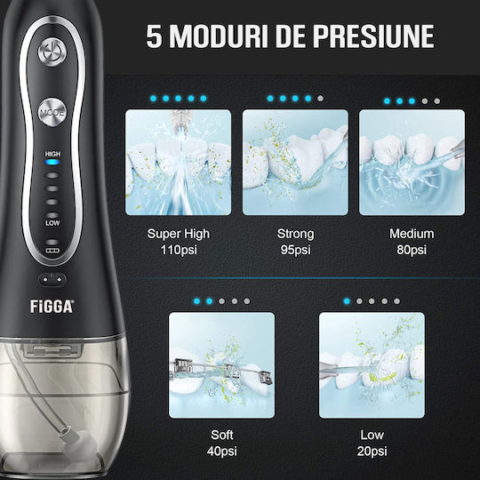 Figga Oral-f101 Irigator Profesional Portabil pentru Curățarea Dentară cu 8 Capete, Baterie 2500 mAh, 5 Viteze, Rezervor de 300 ml, Rezistent la Apă IPX7, Protecție la Supraîncălzire, Geantă de Depozitare, Negru