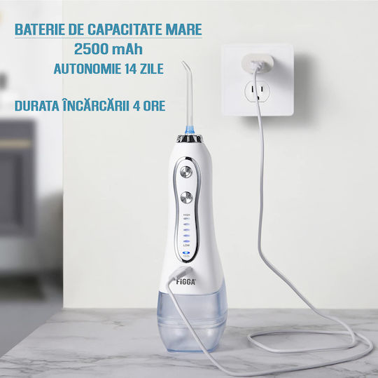 Figga Oral-f101 Irigator Profesional Portabil pentru Igiena Orală 8 Capete Baterie 2500 mAh 5 Viteze Rezervor 300 ml IPX7 Rezistent la Apă Protecție Împotriva Supraîncălzirii Geantă de Depozitare Alb