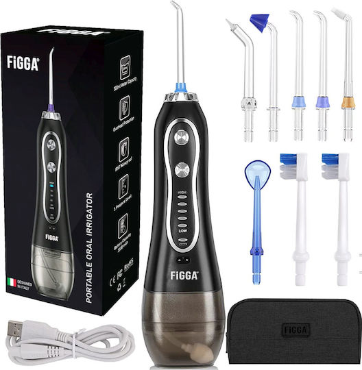 Figga Oral-f101 Irigator Profesional Portabil pentru Curățarea Dentară cu 8 Capete, Baterie 2500 mAh, 5 Viteze, Rezervor de 300 ml, Rezistent la Apă IPX7, Protecție la Supraîncălzire, Geantă de Depozitare, Negru