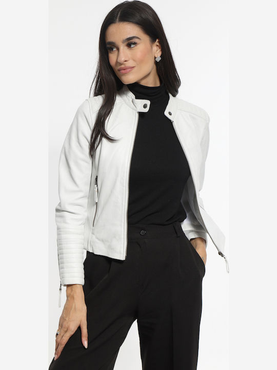 Women's Crop Lifestyle Leather Jacket for Winter White