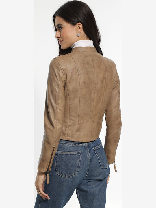 Crop Δερμάτινο Γυναικείο Μπουφάν για Χειμώνα Penaut Beige