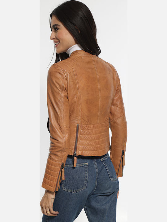 Women's Crop Lifestyle Leather Jacket for Winter Brown
