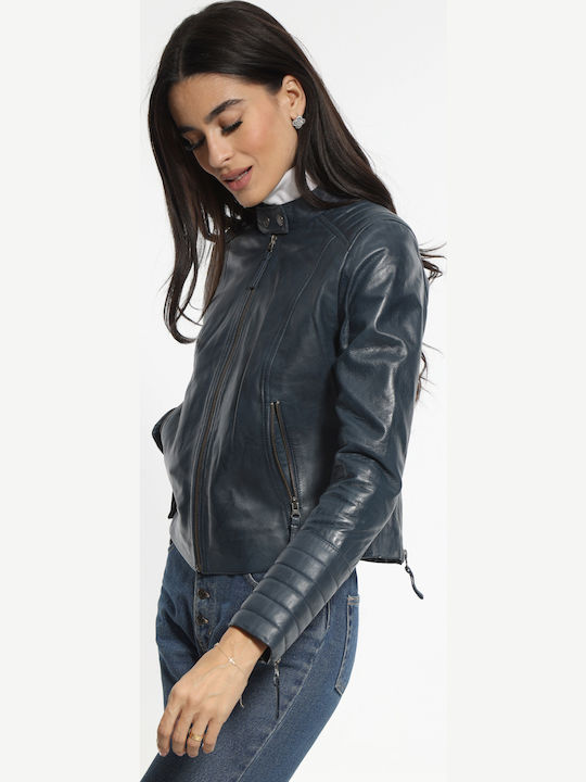 Women's Crop Lifestyle Leather Jacket for Winter Dark Blue