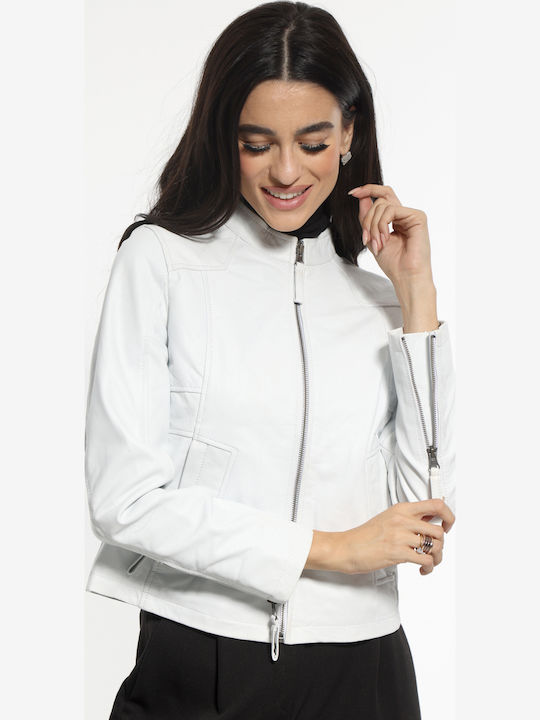 Women's Crop Lifestyle Leather Jacket for Winter White