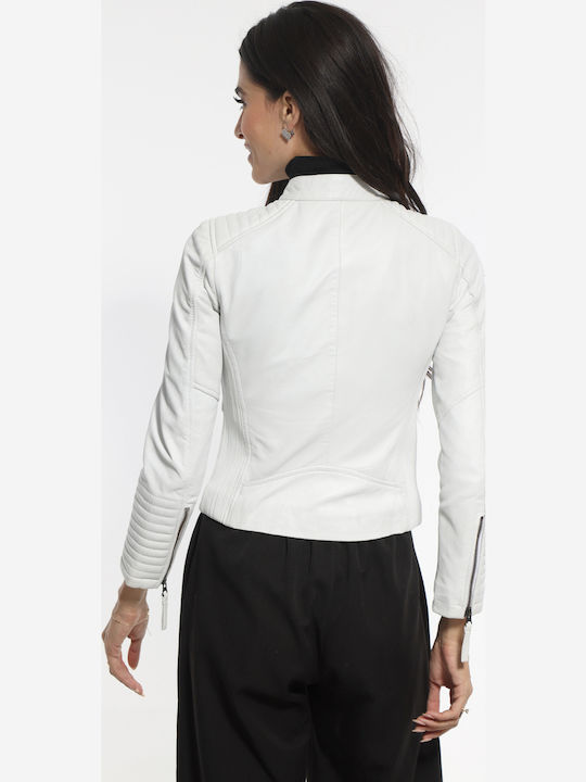 Women's Crop Lifestyle Leather Jacket for Winter White
