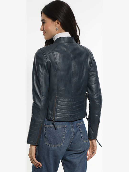 Women's Crop Lifestyle Leather Jacket for Winter Dark Blue