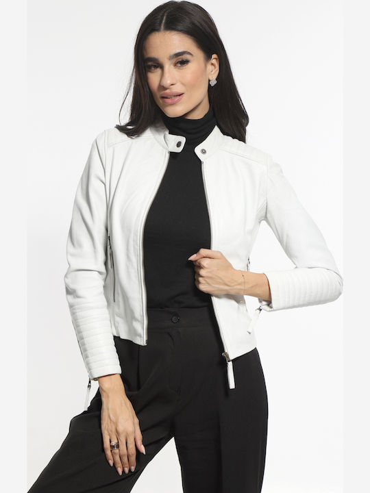 Women's Crop Lifestyle Leather Jacket for Winter White