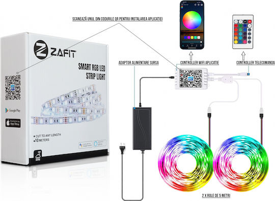 Zafit Inteligent Bandă LED Wi-Fi RGB Lumină 10m Tip SMD5050 cu Telecomandă