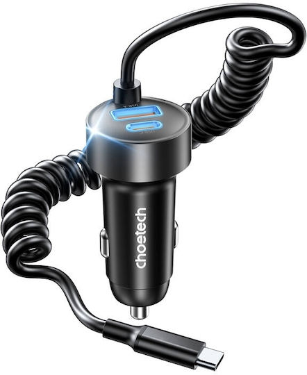 Choetech Încărcător Auto Cu Mufă De Brichetă 65W Încărcare Rapidă Cu Porturi 1xUSB-A 1xType-C Culoare Neagră