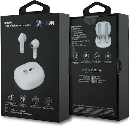 BMW Printed Logos In-ear Bluetooth Handsfree Earphones with Charging Case White