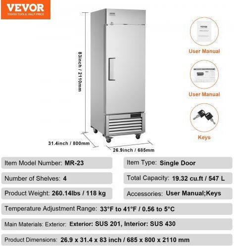 Επαγγελματικό Ψυγείο Vevor 20.12 Cu.ft Όρθιο Μονόπορτο Αυτόματη Απόψυξη 3 Ράφια 28.4-46.4°f 4 Ρόδες Lssyljmclzdmv1hkov2