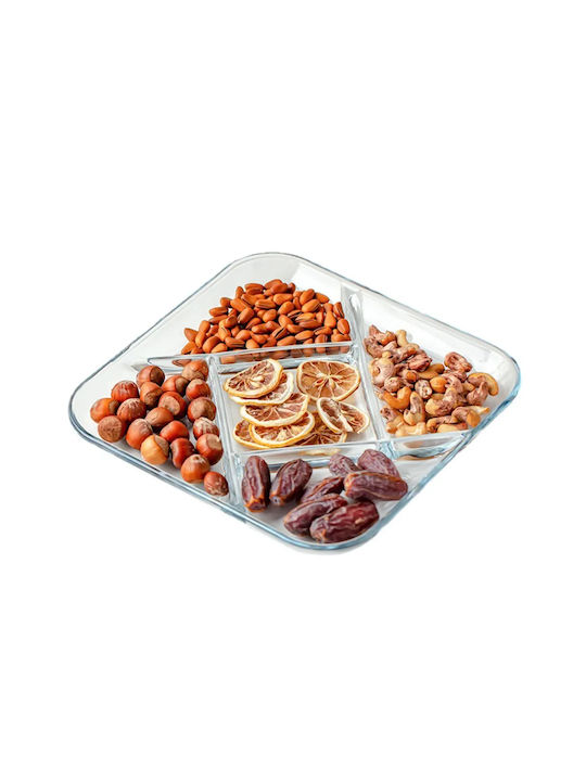 Keskor Glass Dessert Divided Serving Plate with 5 Positions Transparent 25x25x2.5cm