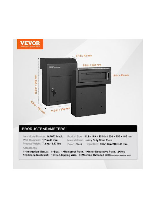 Vevor Κουτί Ρίψης Κλειδιών 12x6x16" Κλειδαριά Μαύρο Cqxbx12616inyug59v0