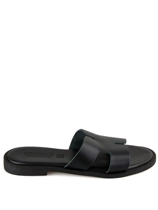 Black Leather Handmade Flat Sandal with Black Design