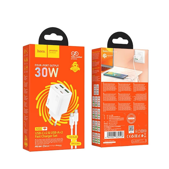 Hoco Charger with 2 USB-A Ports and 2 USB-C Ports and Cable USB-C - USB-C 30W Power Delivery / Quick Charge 3.0 Whites (N56 Fundador)