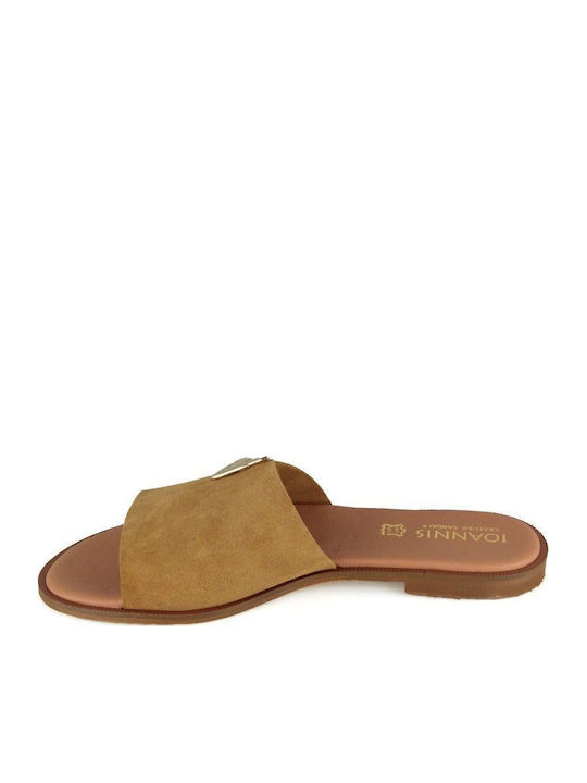 Leather Women's Flat Sandals in Beige Color