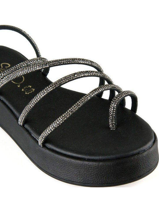 Δερμάτινα Γυναικεία Σανδάλια Flatforms Μαύρα