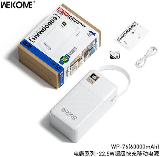 WK WP-76 Power Bank 60000mAh 22.5W with 4 USB-A Ports and USB-C Port White