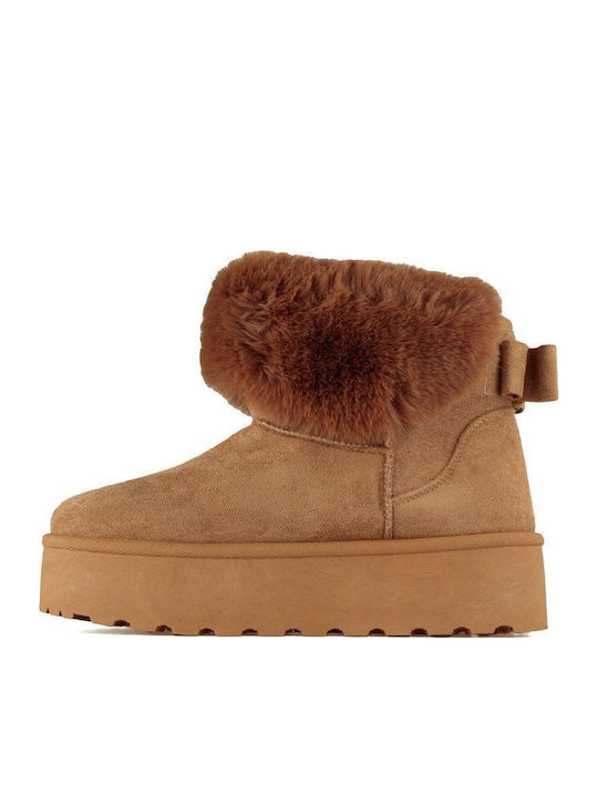 Suede Women's Ankle Boots with Fur Brown