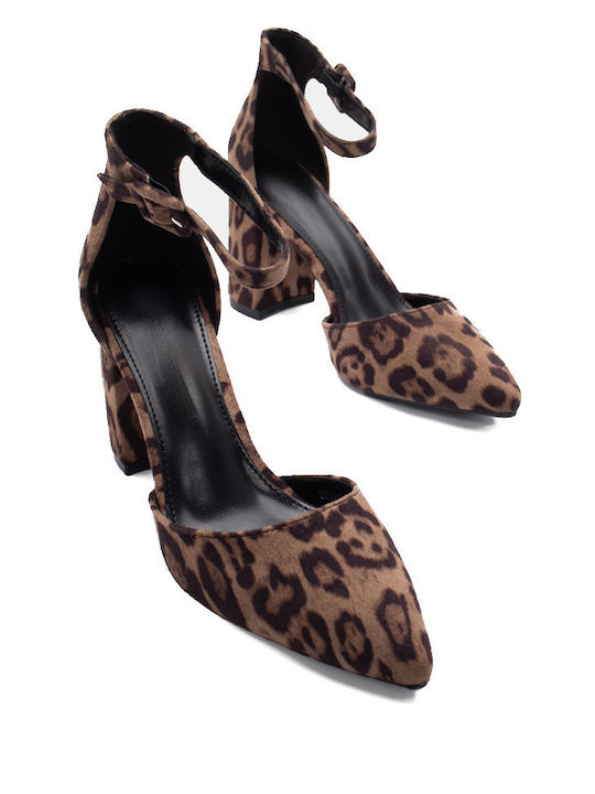 BuyBrand Synthetic Leather Brown Heels with Strap Animal Print