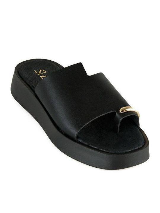 Negru Flatform De Piele Handmade Sandală Decorativă