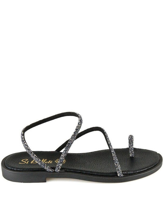 Black Leather Handmade Glitter Flat Sandal