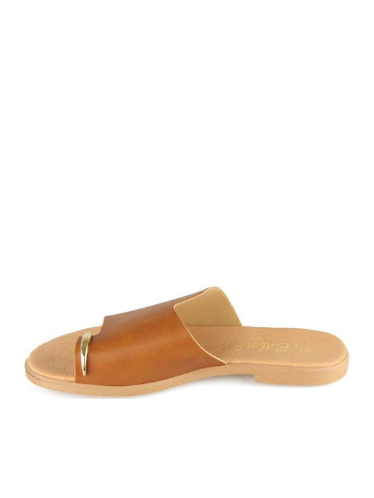 Camel Leather Flat Sandal Decorative