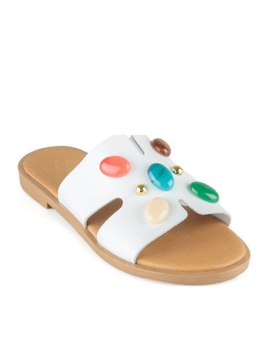 White Leather Handmade Flat Sandal with Decorative Stones