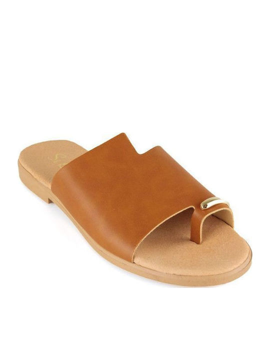 Camel Leather Flat Sandal Decorative