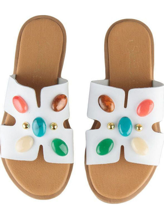 White Leather Handmade Flat Sandal with Decorative Stones