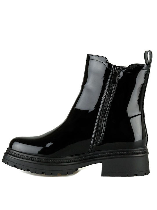 Black Patent Biker Ankle Boot with Elastic