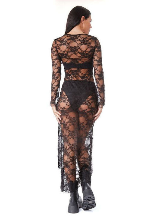 Sommer Maxi Abendkleid mit Spitze & Transparenz Schwarz