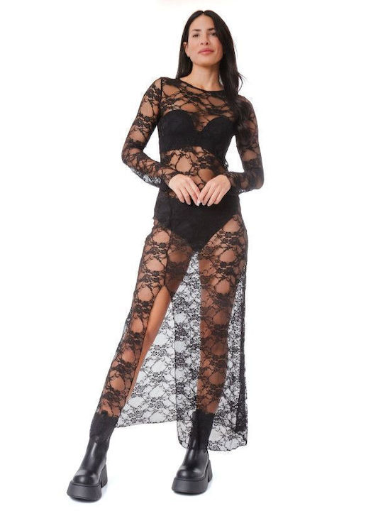 Sommer Maxi Abendkleid mit Spitze & Transparenz Schwarz