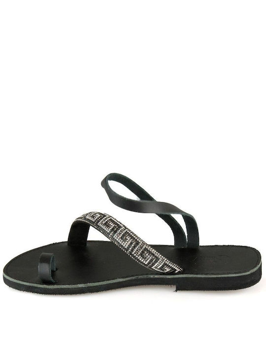 Black Leather Handmade Flat Sandal with Strass