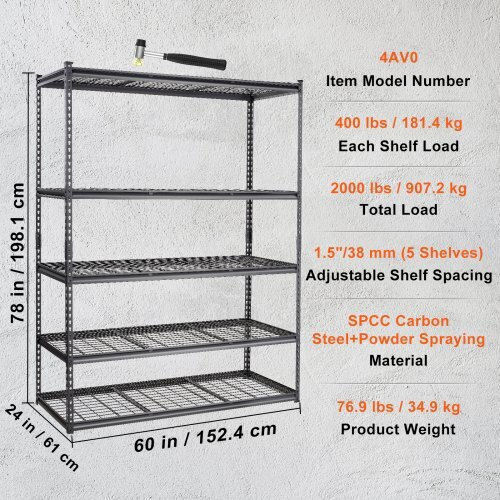 Vevor Dexion Shelf 152.4x61x198.1cm with 5 Shelves Total Load Capacity 905kg