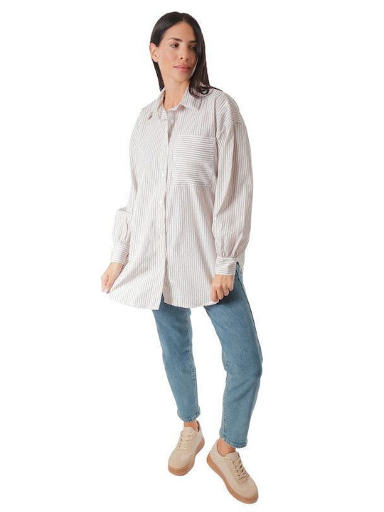 Beige Asymmetrical Striped Shirt with Strass