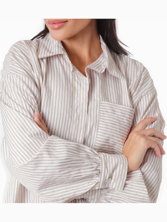 Beige Asymmetrical Striped Shirt with Strass