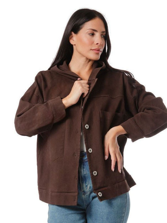Women's Short Jean Jacket for Spring or Autumn with Hood Brown