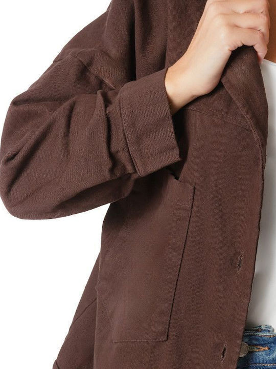 Women's Short Jean Jacket for Spring or Autumn with Hood Brown