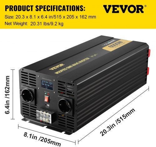 Vevor Inverter Αυτοκινήτου Τροποποιημένου Ημιτόνου 6000W για Μετατροπή 12V DC σε 230V AC