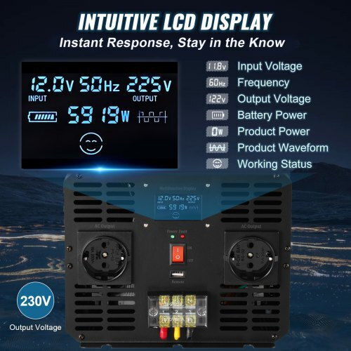 Vevor Inverter für Autos Reine Sinuswelle 5000W zur Umwandlung von 12V DC in 230V AC
