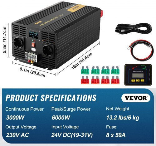Vevor Inverter Αυτοκινήτου Καθαρού Ημιτόνου 3000W για Μετατροπή 12V DC σε 230V AC