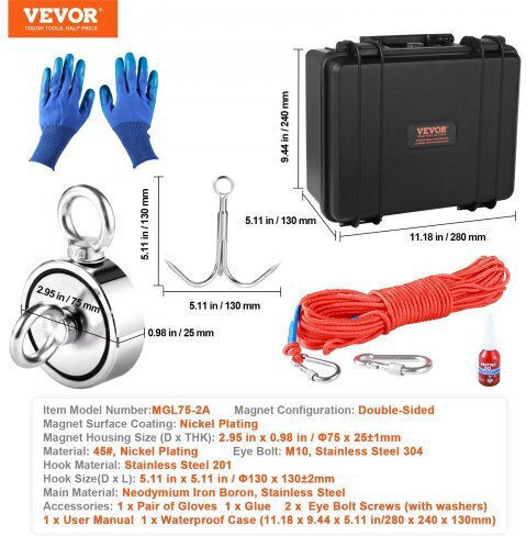 Vevor Magnetic Fishing Set 1200lbs Double-Sided Pull Force 2.95" Magnet Rope Hook Gloves Waterproof Case Cxdytzsm1200tnz8sv0