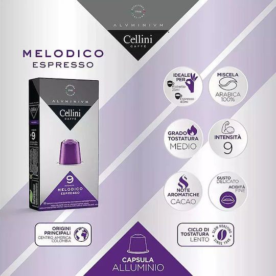 Cafea Italiană Espresso Melodico Compatibil Nespresso Cellini Aluminiu 30 Capsule