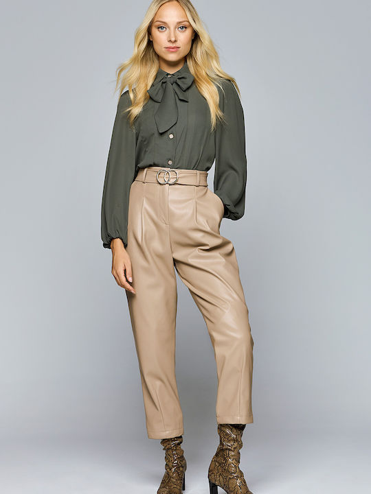 Dejavu Women's High-waisted Leather Trousers with Elastic Beige