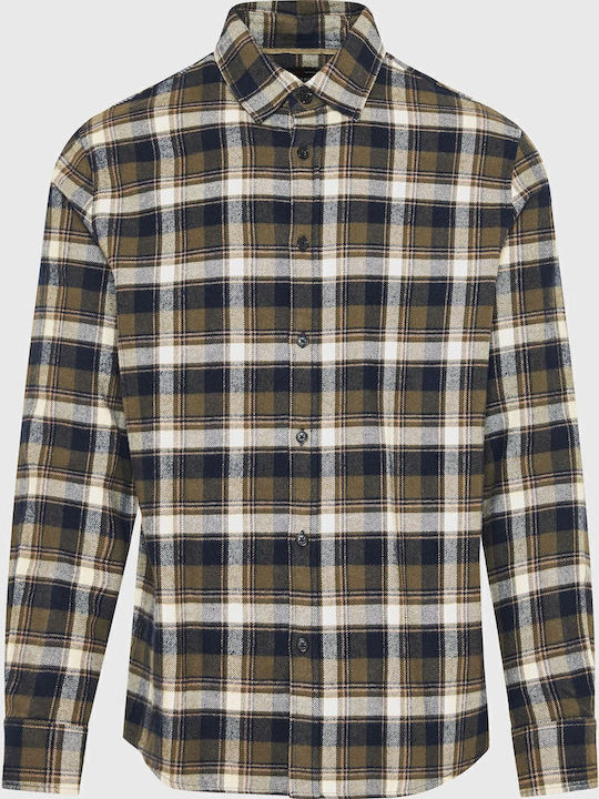 Long Sleeve Flannel Overshirt Regular Fit Checked Khaki