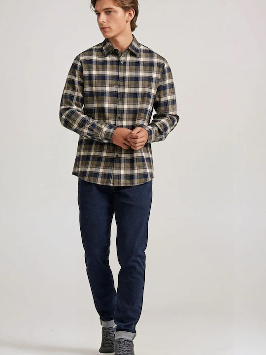 Long Sleeve Flannel Overshirt Regular Fit Checked Khaki