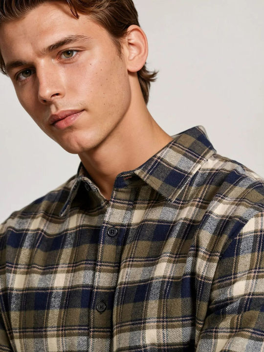 Long Sleeve Flannel Overshirt Regular Fit Checked Khaki